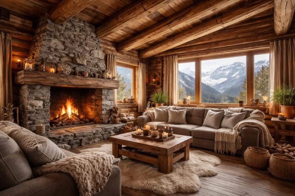 Aménager un chalet de montagne avec bois brut et cheminée pour ambiance cosy aux Écrins