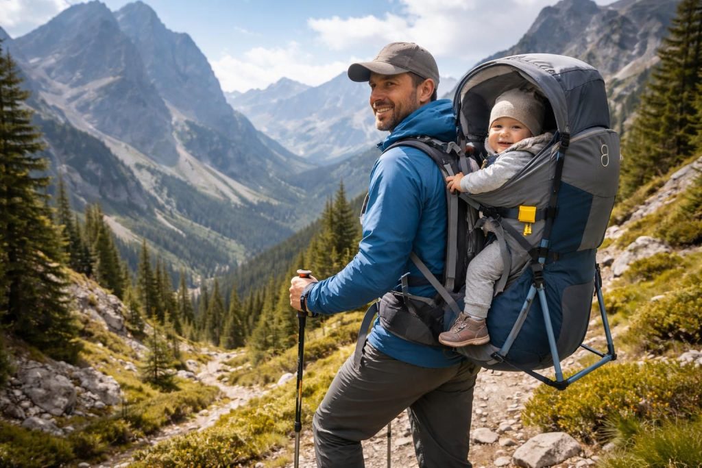 Randonner en montagne avec bébé dans le porte-bébé Deuter Kid Comfort